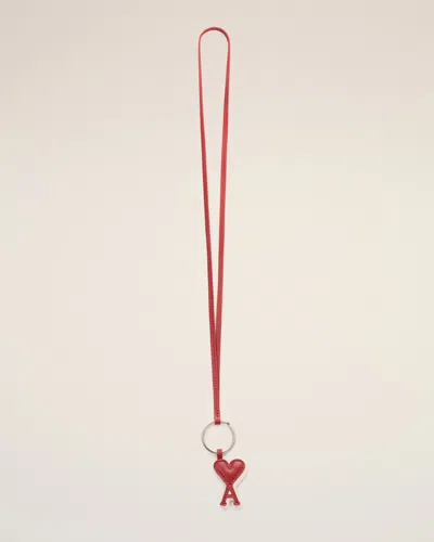 Ami Alexandre Mattiussi Red Cowhide Leather Keyring With Ami De Coeur Red In Burnt Red/ivory
