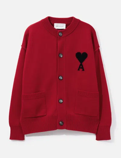 Ami Alexandre Mattiussi Red Crewneck Wool Cardigan With Ami De Coeur In Burgundy