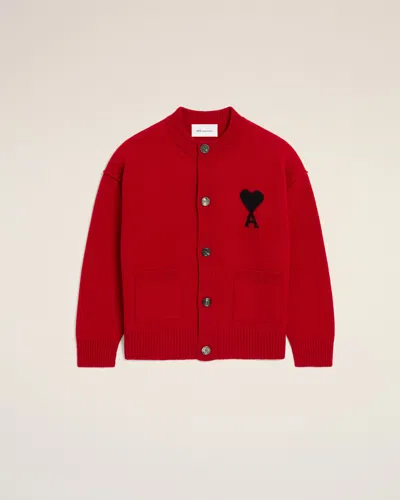 Ami Alexandre Mattiussi Red Crewneck Wool Cardigan With Ami De Coeur Red In Ruby Red/black