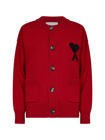Ami Alexandre Mattiussi Ami Paris Ruby Red Ami De Coeur Merino Wool Cardigan