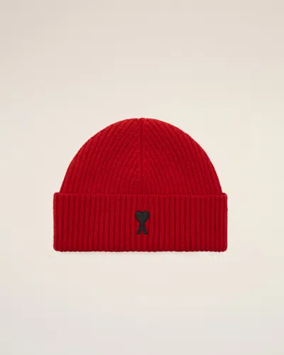Ami Alexandre Mattiussi Red Wool Beanie With Ami De Coeur Red In Ruby Red/black