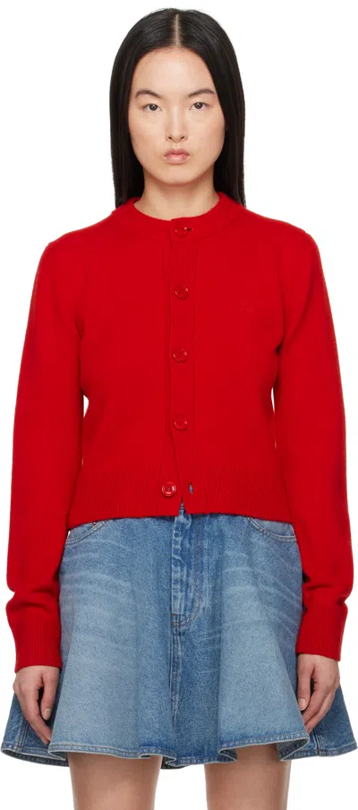 AMI ALEXANDRE MATTIUSSI RED WOOL KNIT AMI DE COEUR CREWNECK CARDIGAN