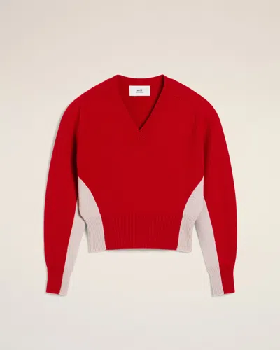 Ami Alexandre Mattiussi Red Wool Knit Bicolor V Neck Sweater Red In Poppy/mastic