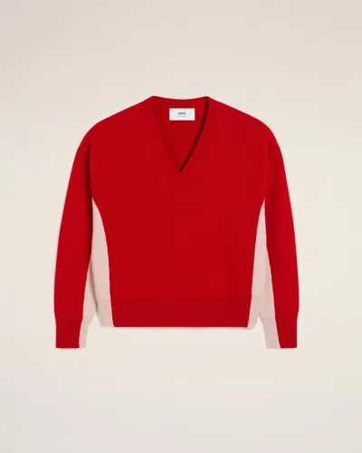 Ami Alexandre Mattiussi Red Wool Knit Bicolor V Neck Sweater Red In Poppy/mastic