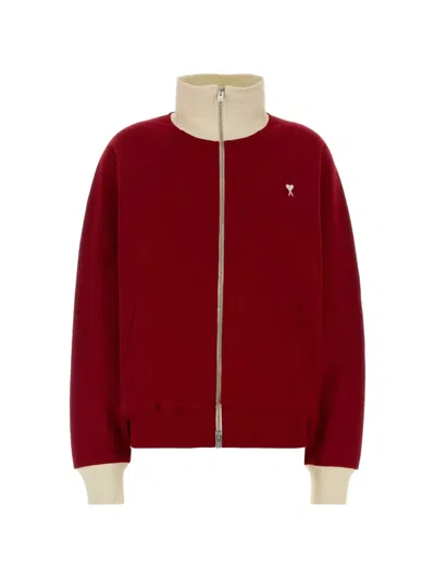 Ami Alexandre Mattiussi Red Zipped Cotton Sweatshirt With Ami De Coeur