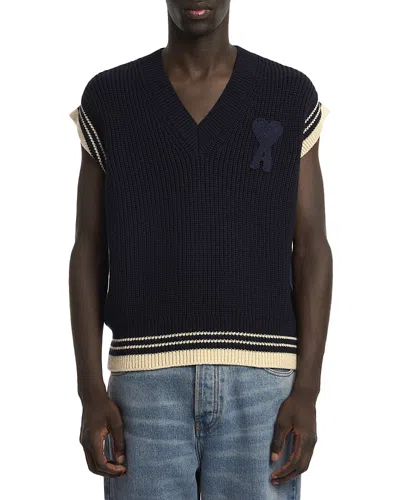 Ami Alexandre Mattiussi Regular Fit Ribbed Cap Sleeve Knit Vest In Blue