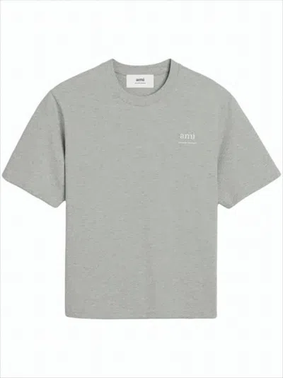 AMI ALEXANDRE MATTIUSSI RELAXED FIT GREY COTTON T-SHIRT WITH SUBTLE LOGO