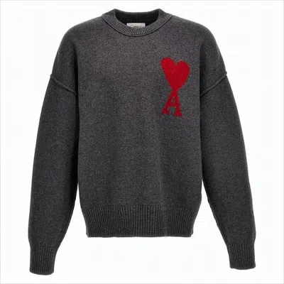 Ami Alexandre Mattiussi Relaxed Fit Wool Sweater With Heart Emblem In Gray