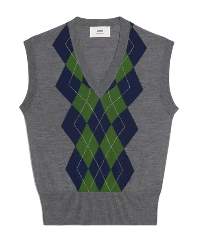 Ami Alexandre Mattiussi Rhomboid Knitted Vest In Gray