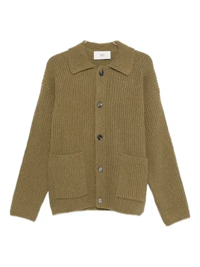 Ami Alexandre Mattiussi Collared Crewneck Sweater Ribbed Texture In Green