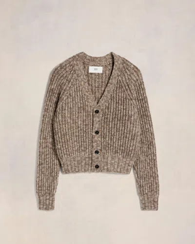 Ami Alexandre Mattiussi Ribbed Cardigan Brown In Dark Coffe/light Sand