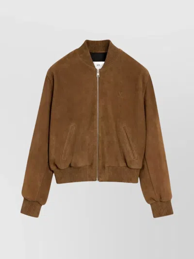Ami Alexandre Mattiussi Ribbed Collar Blazer Side Pockets In Brown