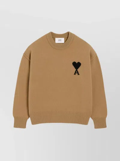 AMI ALEXANDRE MATTIUSSI RIBBED CREWNECK WOOL SWEATER WITH VISIBLE STITCHING