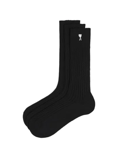 Ami Alexandre Mattiussi Ribbed Detail Socks (set Of Three) In Black