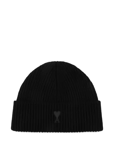 Ami Alexandre Mattiussi Logo-embroidered Ribbed Beanie Hat In Black