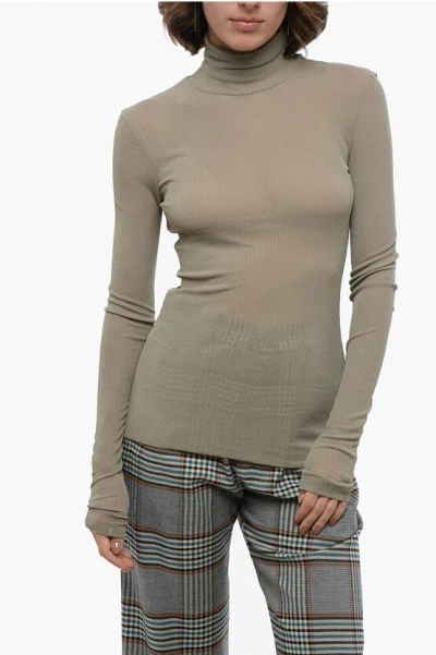 Ami Alexandre Mattiussi Ribbed Sheer Effect Top With Turtleneck In Green