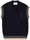 Ami Alexandre Mattiussi Midnight Wool V-neck Vest With Ribbed Texture In Blue