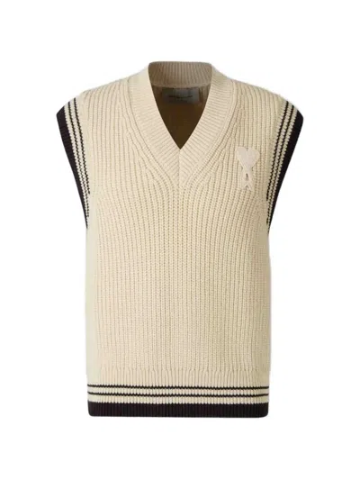 Ami Alexandre Mattiussi Ribbed V-neck Knit Vest In Neutral