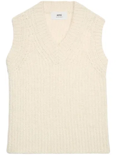 Ami Alexandre Mattiussi Ribbed V-neck Vest In Neutrals