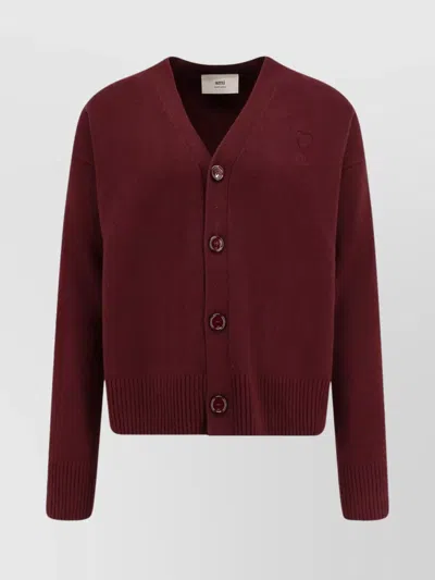 Ami Alexandre Mattiussi Ribbed V-neck Wool And Cashmere Cardigan In Brown