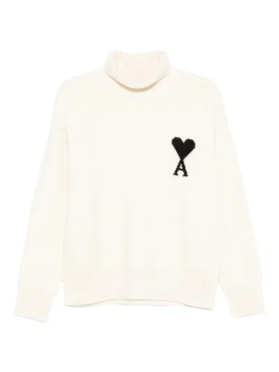 Ami Alexandre Mattiussi Ribbed White Turtleneck Sweater In Gray
