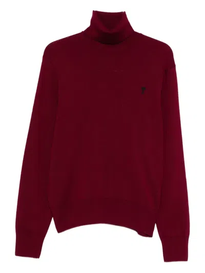 Ami Alexandre Mattiussi Roll-neck Embroidered Sweater In Brown