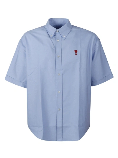Ami Alexandre Mattiussi Round Hem Short-sleeved Logo Shirt In Blue Cashmere