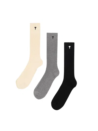Ami Alexandre Mattiussi Set Of Three Ribbed Socks With Logo Embroidery In Ecru/gris/noir Ecru