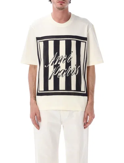 Ami Alexandre Mattiussi Ami Paris Logo-print Striped Vintage-denim Patch T-shirt In Neutral