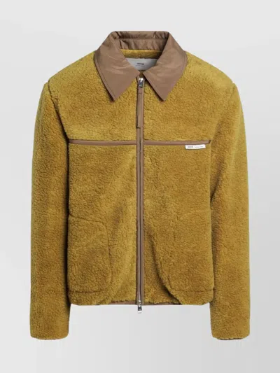 Ami Alexandre Mattiussi Ami Paris Ami Yellow Shearling Jacket With Contrast Collar In Green