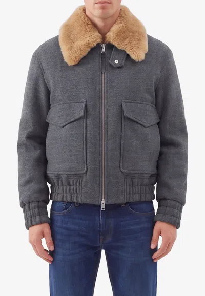 Ami Alexandre Mattiussi Shearling Collar Virgin Wool Bomber Jacket In Gray