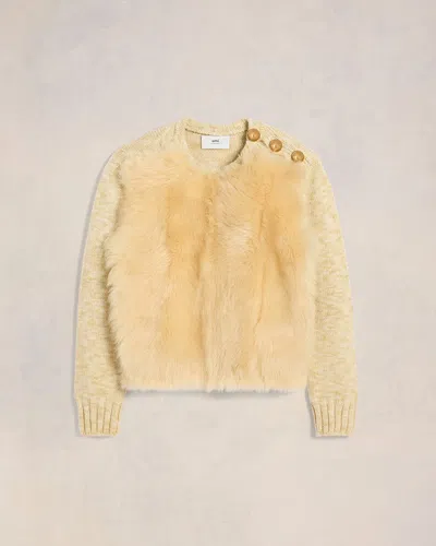Ami Alexandre Mattiussi Shearling Crew Neck Sweater Beige In Light Sand/ Off White