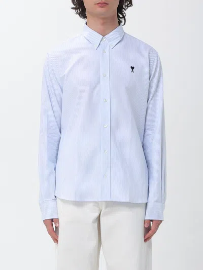 Ami Alexandre Mattiussi Ami Paris Striped Button-up Shirt With Embroidered Detail For Men In Blue