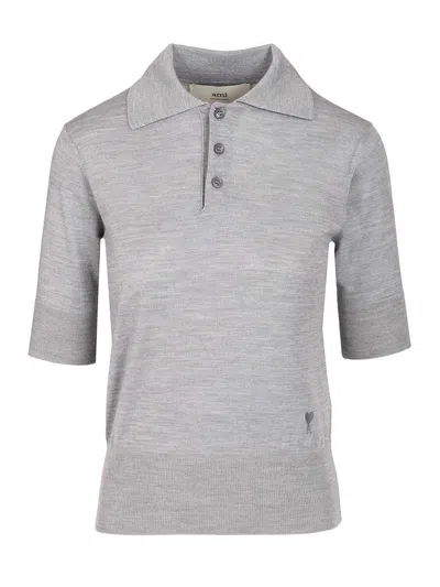 Ami Alexandre Mattiussi Silk Ami De Coeur Polo Shirt Grey In Gray