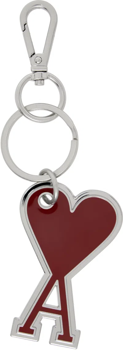 Ami Alexandre Mattiussi Silver & Burgundy Ami De Coeur Keychain In 686 Vermilion