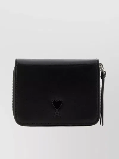 Ami Alexandre Mattiussi Sleek Black Leather Rectangular Wallet In Wool Tricotine Black