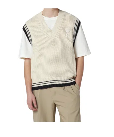 Ami Alexandre Mattiussi Ami Paris Ribbed Wool Sleeveless Ami De Coeur Sweater In Neutral