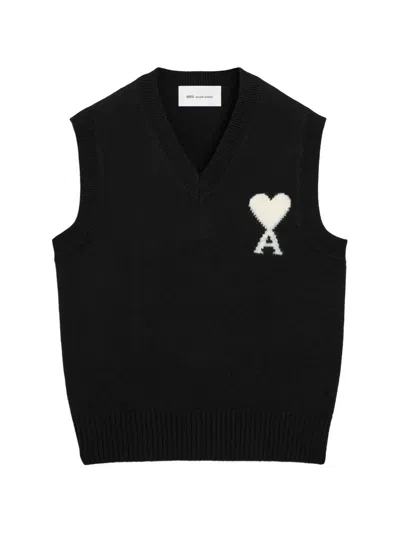 Ami Alexandre Mattiussi Black Sleeveless Wool Sweater With Ami De Coeur Black