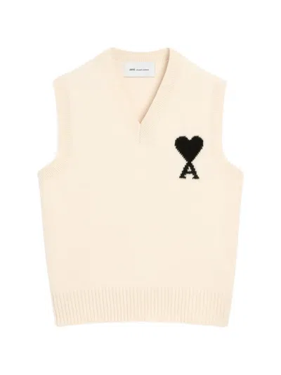 Ami Alexandre Mattiussi White Sleeveless Wool Sweater With Ami De Coeur White In Neutral