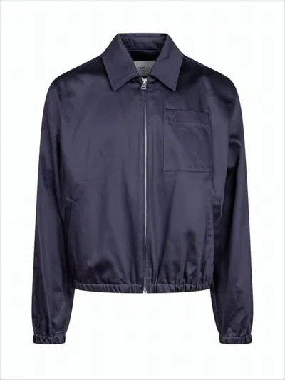AMI ALEXANDRE MATTIUSSI SMOOTH-FINISH BLUE COTTON JACKET WITH ZIP CLOSURE