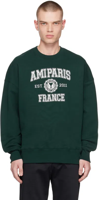 Ami Alexandre Mattiussi Ssense Exclusive Green 'ami Paris France' Sweatshirt In 306 Dark Cedar