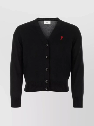 Ami Alexandre Mattiussi Merino Wool V-neck Ribbed Cardigan In Black