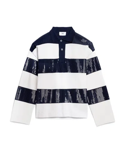 Ami Alexandre Mattiussi Stripe Sequin-embellished Polo Shirt In White