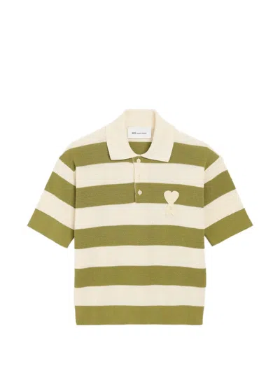 Ami Alexandre Mattiussi Ami Paris Ami De Coeur Striped Cotton Knit Polo Shirt In Brown