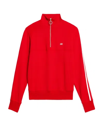 Ami Alexandre Mattiussi Striped Short-zip Pullover Sweatshirt In Red
