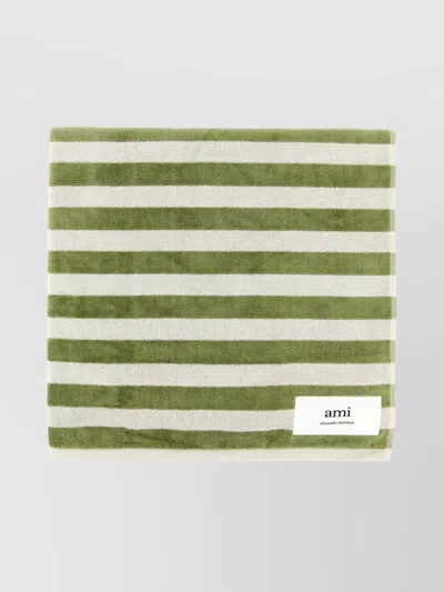 Ami Alexandre Mattiussi Striped Terry Fabric Beach Towel With Fringed Edges In Green