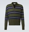 Ami Alexandre Mattiussi Ami Paris Men Green Polo With All-over Striped Motif And Polo-style Collar In Wool And Silk Blend Ma In Loden/navy/white Cream