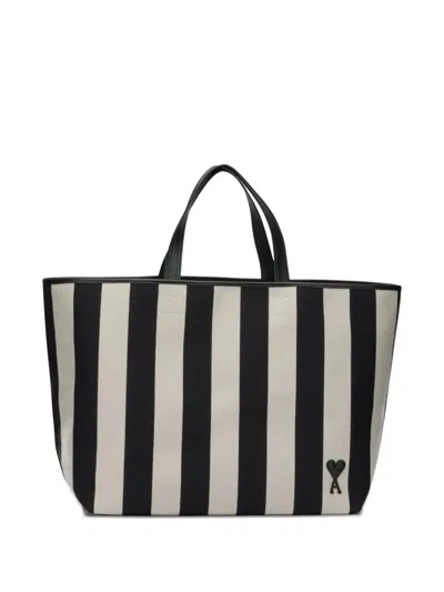 Ami Alexandre Mattiussi Ami De Coeur Striped Leather-trimmed Cotton-canvas Tote In Multi