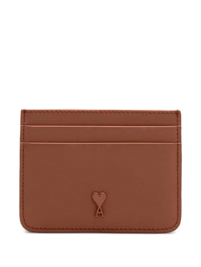 Ami Alexandre Mattiussi Stud Caramel Leather Cardholder In Brown