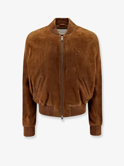 Ami Alexandre Mattiussi Goatskin Suede Bomber Jacket Ribbed Cuffs Hem In Brown